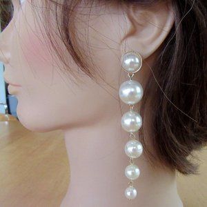 Long white faux pearl dangling pierced earrings - Wedding - Eveningwear